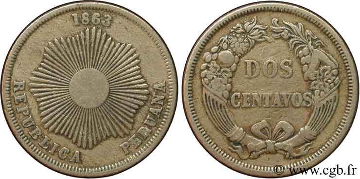 PERU 2 Centavos Soleil 1863  VF 