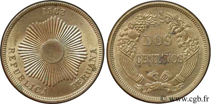 PERU 2 Centavos Soleil 1863  XF 