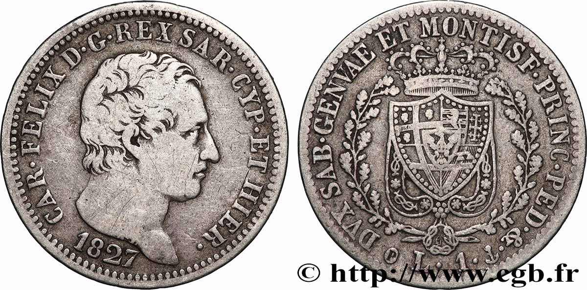ITALIE - ROYAUME DE SARDAIGNE 1 Lire Charles Félix, roi de Sardaigne 1827 Gênes TB+ 