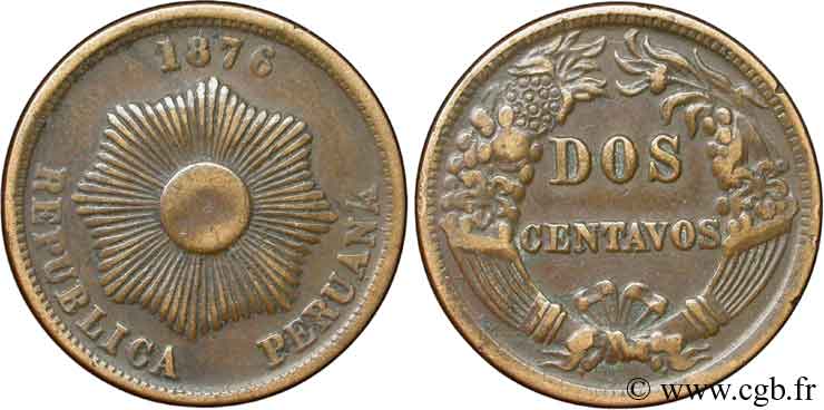 PERU 2 Centavos Soleil 1876  S 