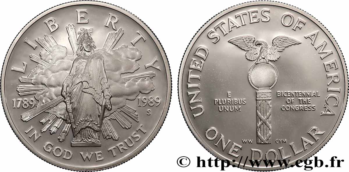 ÉTATS-UNIS D&nbsp;AMÉRIQUE 1 Dollar Proof bicentenaire du Congrès 1989 San Francisco - S SPL 