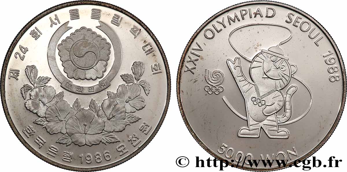 CORÉE DU SUD 5000 Won Proof XXIV olympiade Séoul 1988 la mascotte Hodori le tigre 1986  SPL 