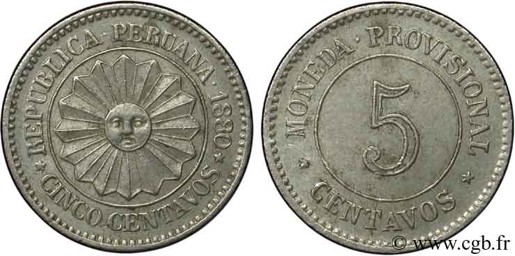 PERU 5 Centavos Soleil, monnayage provisoire 1880  SPL 