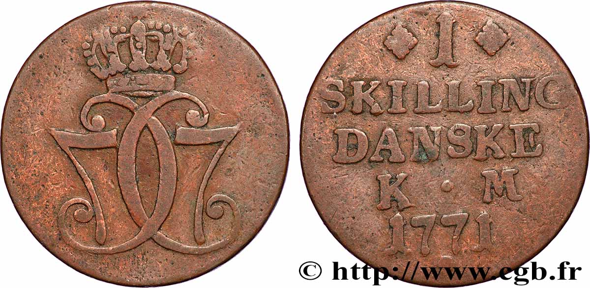 DANEMARK 1 Skilling Christian VII 1771 Copenhague TB 