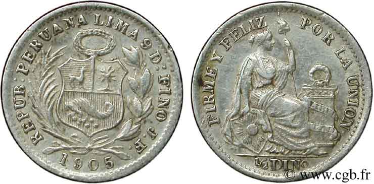 PERU 1/2 Dinero emblème / “Liberté” 1905 Lima AU 