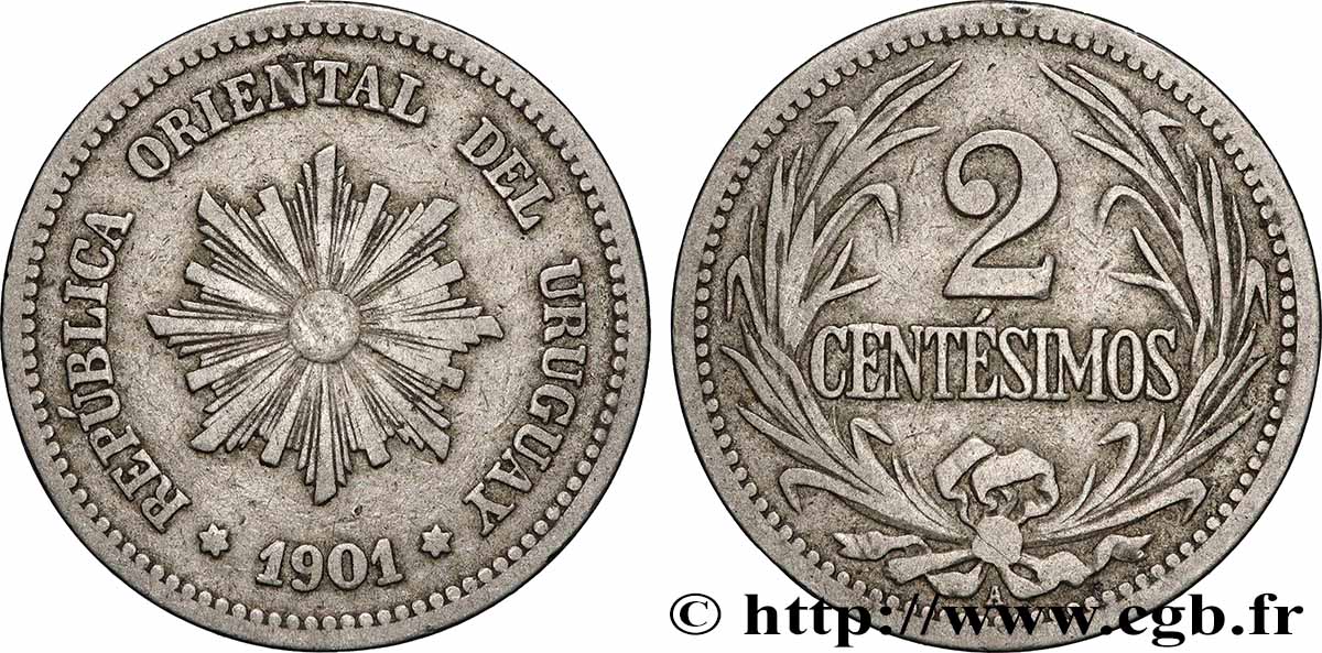 URUGUAY 2 Centesimos soleil 1901 Paris - A TTB 