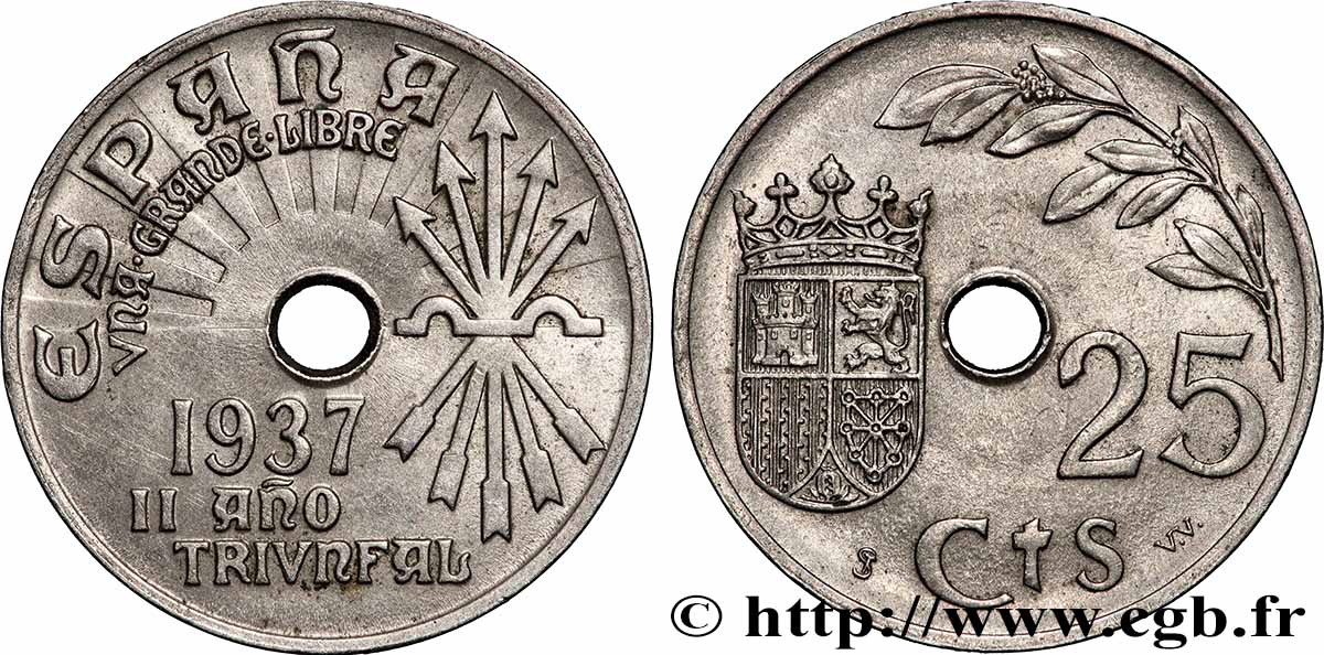 ESPAGNE 25 Centimos monnayage nationaliste 1937 Vienne SUP 