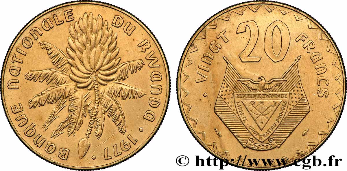 RWANDA 20 Francs emblème / bananier 1977 Paris SUP 