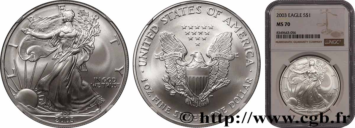 ÉTATS-UNIS D&nbsp;AMÉRIQUE 1 Dollar type Liberty Silver Eagle 2003 West Point FDC70 NGC