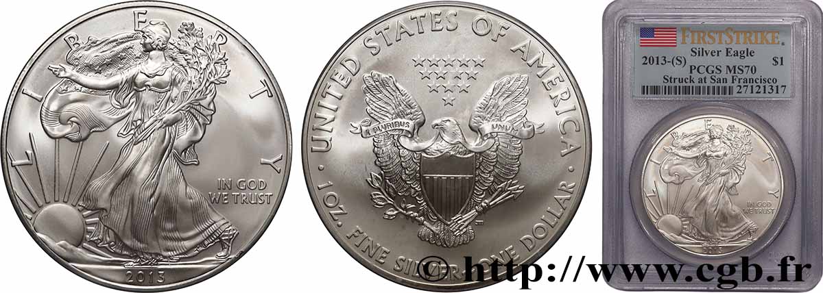ÉTATS-UNIS D&nbsp;AMÉRIQUE 1 Dollar Silver Eagle “First Strike” 2013 San Francisco FDC70 PCGS
