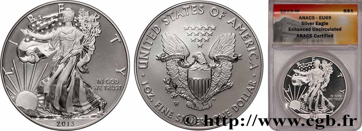 ÉTATS-UNIS D&nbsp;AMÉRIQUE 1 Dollar Proof Silver Eagle “Enhanced Uncirculated” 2013 West Point FDC69 ANACS