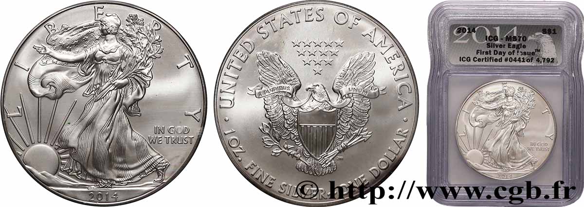 ÉTATS-UNIS D&nbsp;AMÉRIQUE 1 Dollar Silver Eagle “First Day of Issue” 2014  FDC70 autre