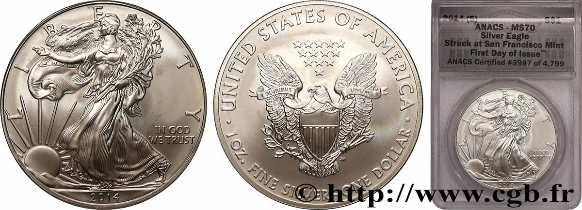 ÉTATS-UNIS D&nbsp;AMÉRIQUE 1 Dollar Silver Eagle “First Day of Issue” 2014 San Francisco FDC70 autre