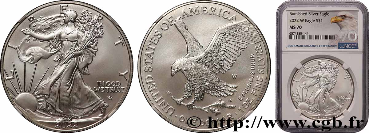 ÉTATS-UNIS D&nbsp;AMÉRIQUE 1 Dollar Burnished Silver Eagle 2022 West Point FDC70 NGC