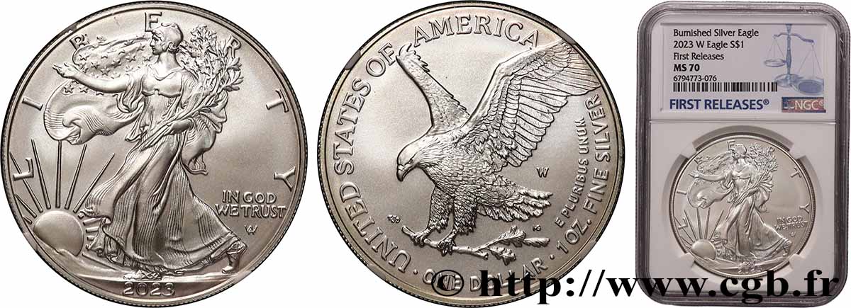 ÉTATS-UNIS D&nbsp;AMÉRIQUE 1 Dollar Burnished Silver Eagle “First Releases” 2023 West Point FDC70 NGC