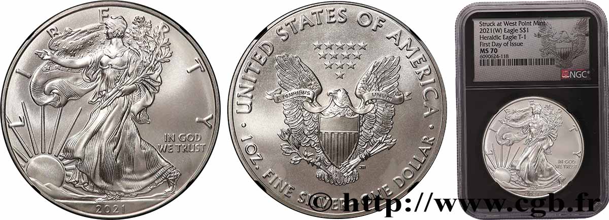 ÉTATS-UNIS D&nbsp;AMÉRIQUE 1 Dollar Silver Eagle “First Day of Issue” 2021 West Point FDC70 NGC
