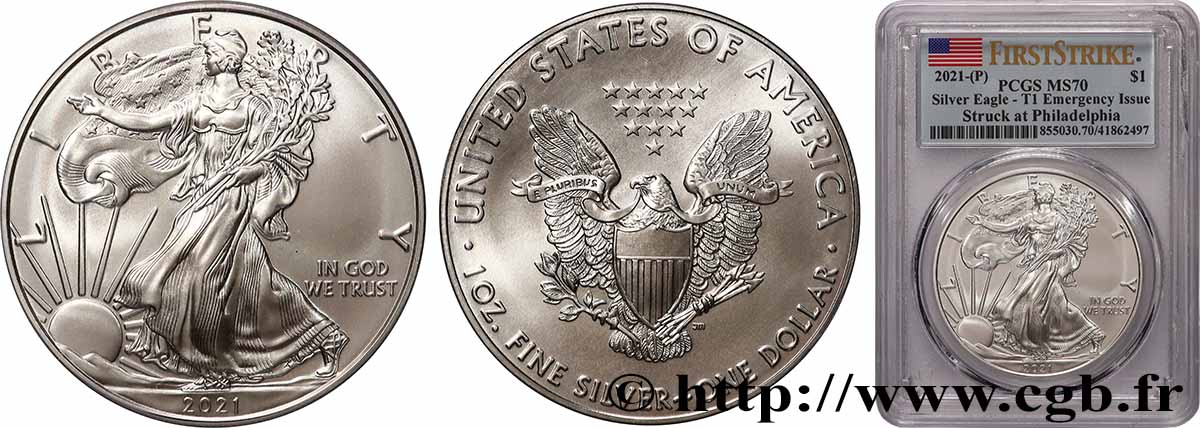 ÉTATS-UNIS D&nbsp;AMÉRIQUE 1 Dollar Silver Eagle “First Day of Issue” - T1 Emergency Issue 2021 Philadelphie FDC70 NGC