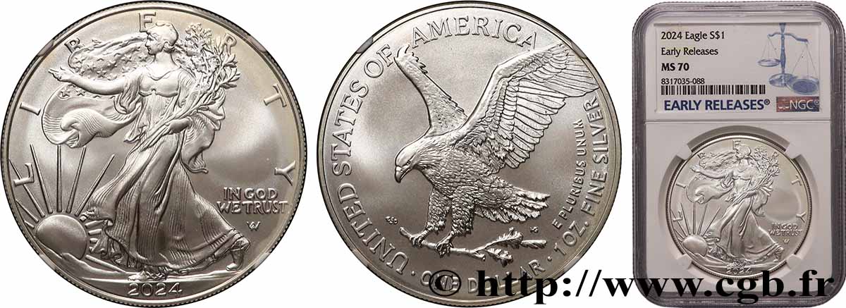 ÉTATS-UNIS D&nbsp;AMÉRIQUE 1 Dollar Silver Eagle “Early Releases” 2024 West Point FDC70 NGC