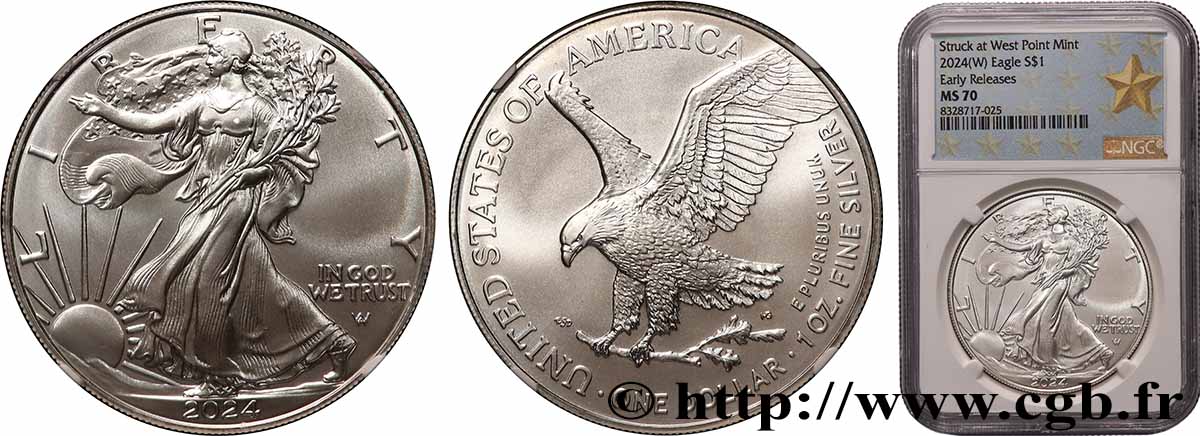ÉTATS-UNIS D&nbsp;AMÉRIQUE 1 Dollar Silver Eagle “Early Releases” 2024 West Point FDC70 NGC