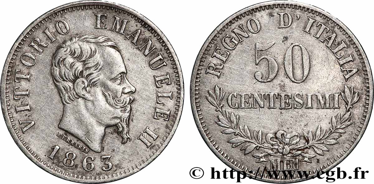 ITALIE 50 Centesimi Victor Emmanuel II 1863 Milan TTB 