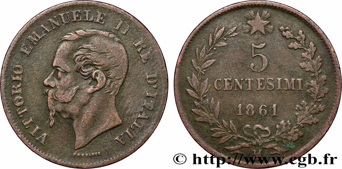 ITALIE 5 Centesimi Victor Emmanuel II 1861 Milan TTB 