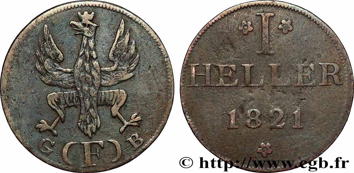 ALLEMAGNE - VILLE LIBRE DE FRANCFORT 1 Heller 1821 Francfort TB+ 