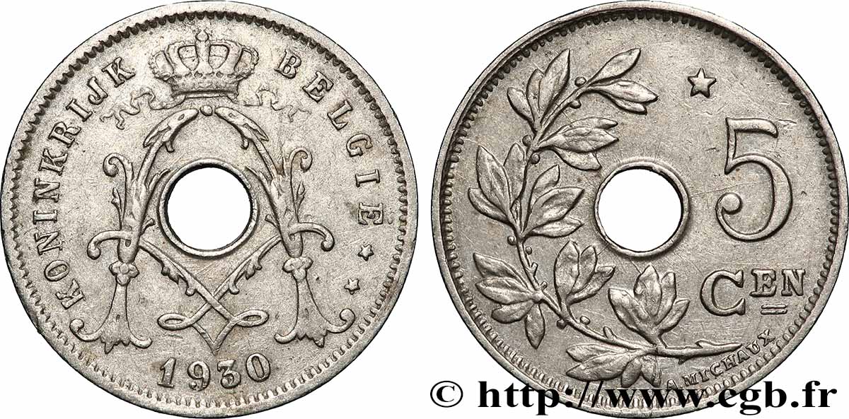 BELGIEN 5 Centienen (Centimes) Albert Ier 1930 Bruxelles SS 
