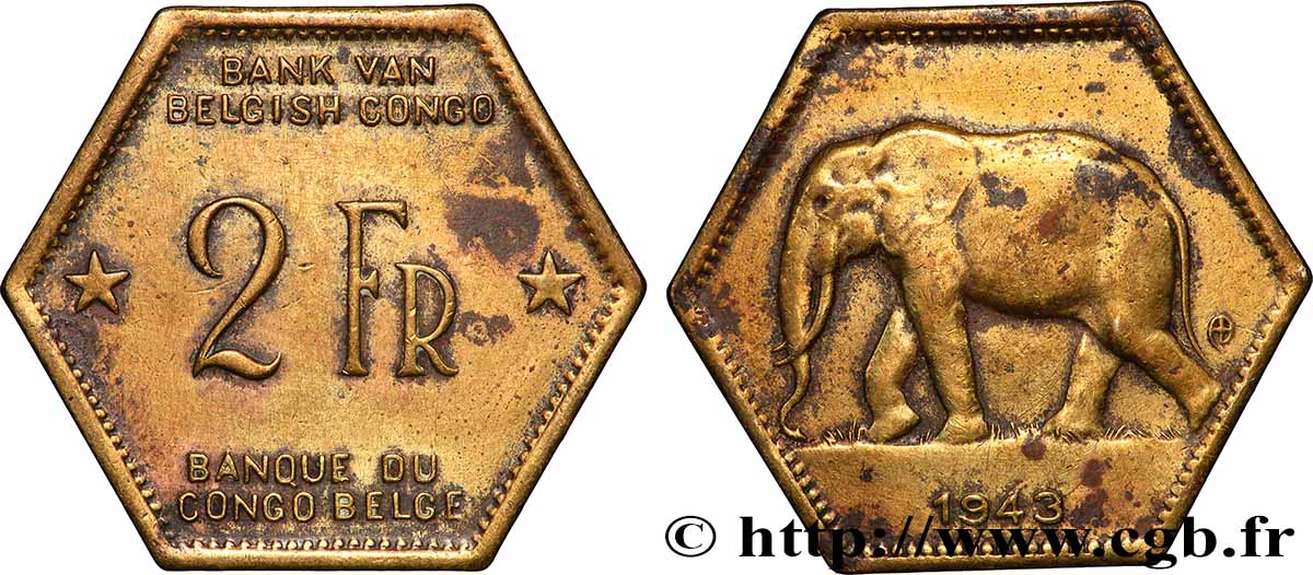 CONGO BELGE 2 Francs éléphant 1943 Bruxelles TB+ 