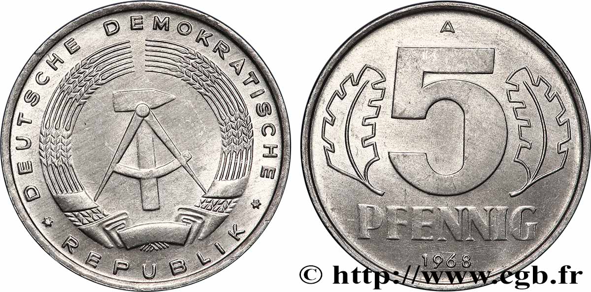ALLEMAGNE RÉPUBLIQUE DÉMOCRATIQUE 5 Pfennig emblème de la RDA 1968 Berlin SUP 