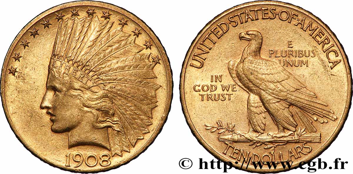 OR, PALLADIUM ET PLATINE INVESTISSEMENT 10 Dollars or &nbsp;Indian Head&nbsp;, 2e type 1908 Philadelphie TTB+ 