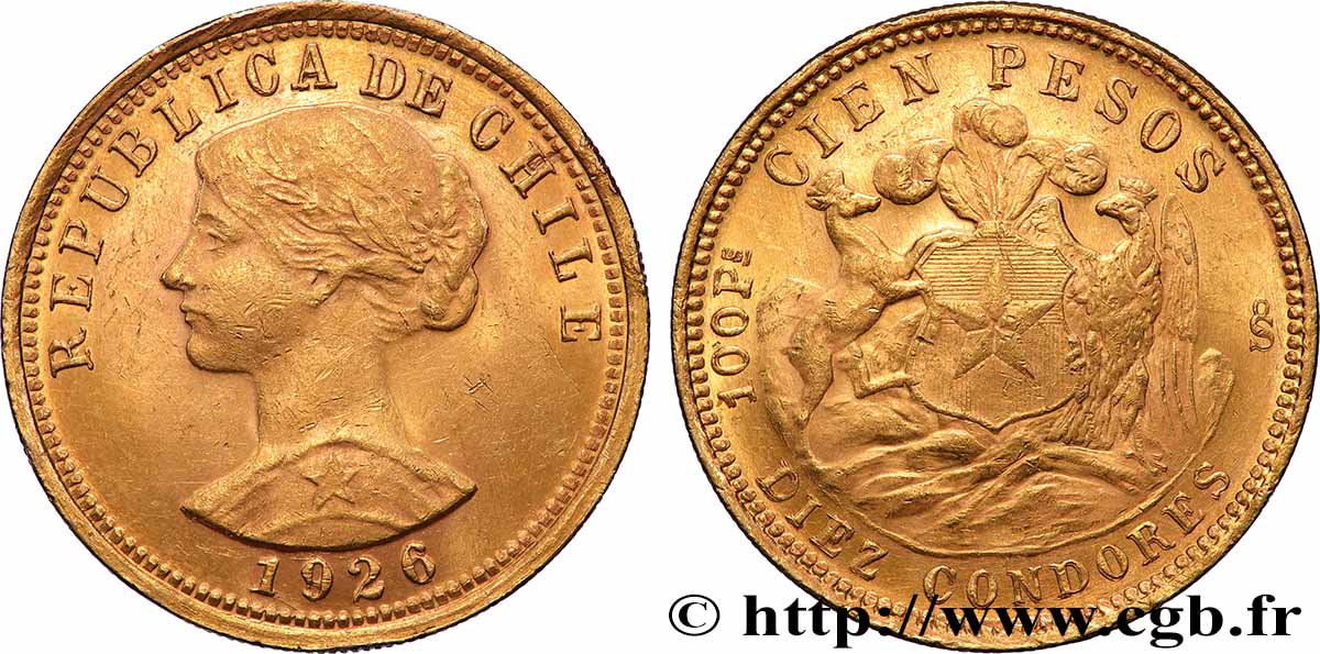 GOLD, PALLADIUM & PLATINUM INVESTMENT 100 Pesos or ou 10 Condores en or, 1er type 1926 Santiago AU 