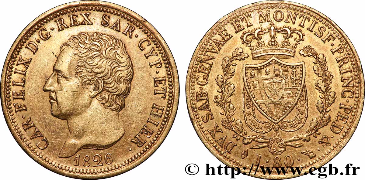 OR, PALLADIUM ET PLATINE INVESTISSEMENT 80 Lire 1826 Turin TTB+ 