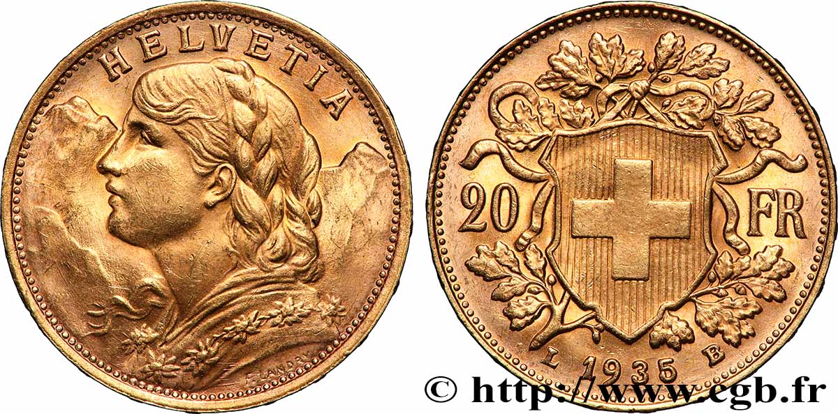 OR, PALLADIUM ET PLATINE INVESTISSEMENT 20 Francs &nbsp;Vreneli&nbsp; 1935 Berne SUP 