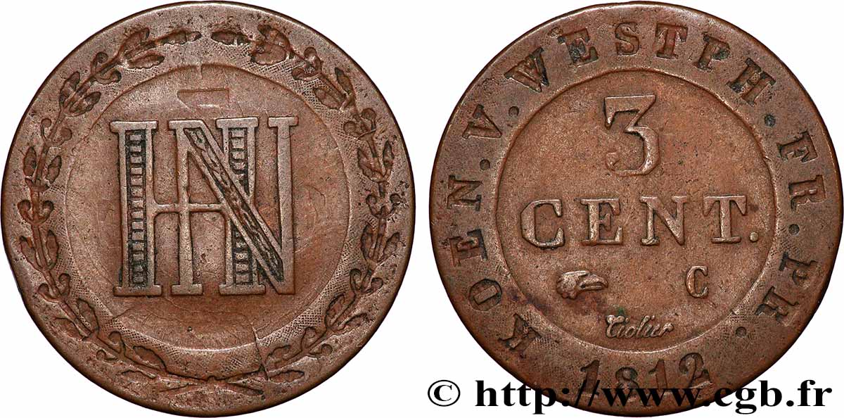 GERMANY - KINGDOM OF WESTPHALIA 3 Cent. 1812 Cassel XF 