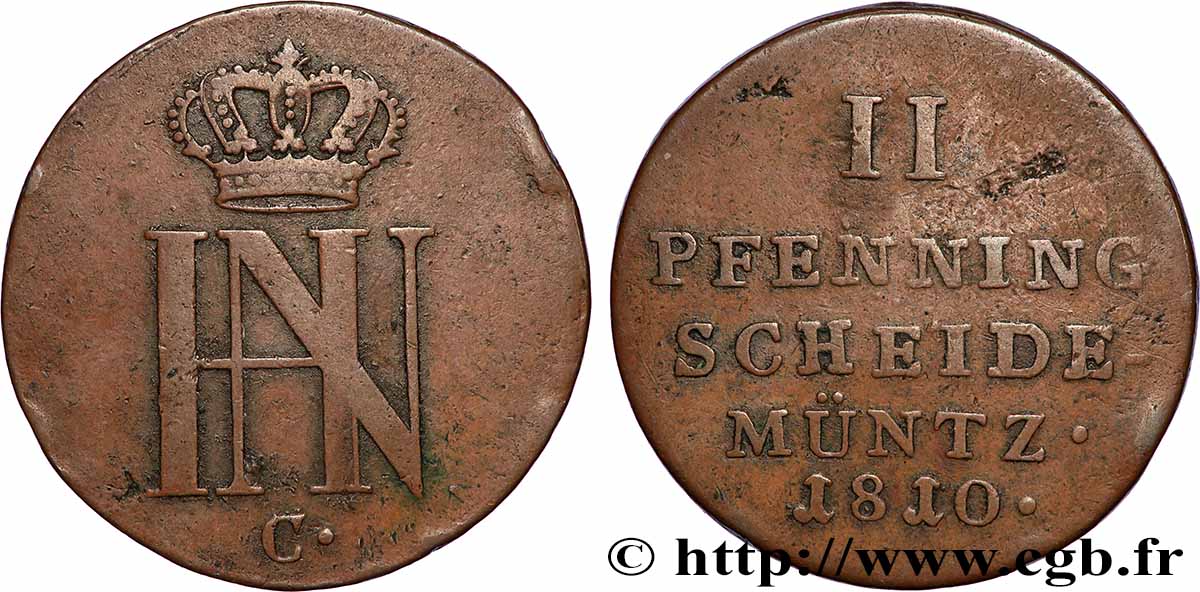 GERMANY - KINGDOM OF WESTPHALIA 2 Pfenning monogramme de Jérôme Napoléon 1810 Clausthal VF 