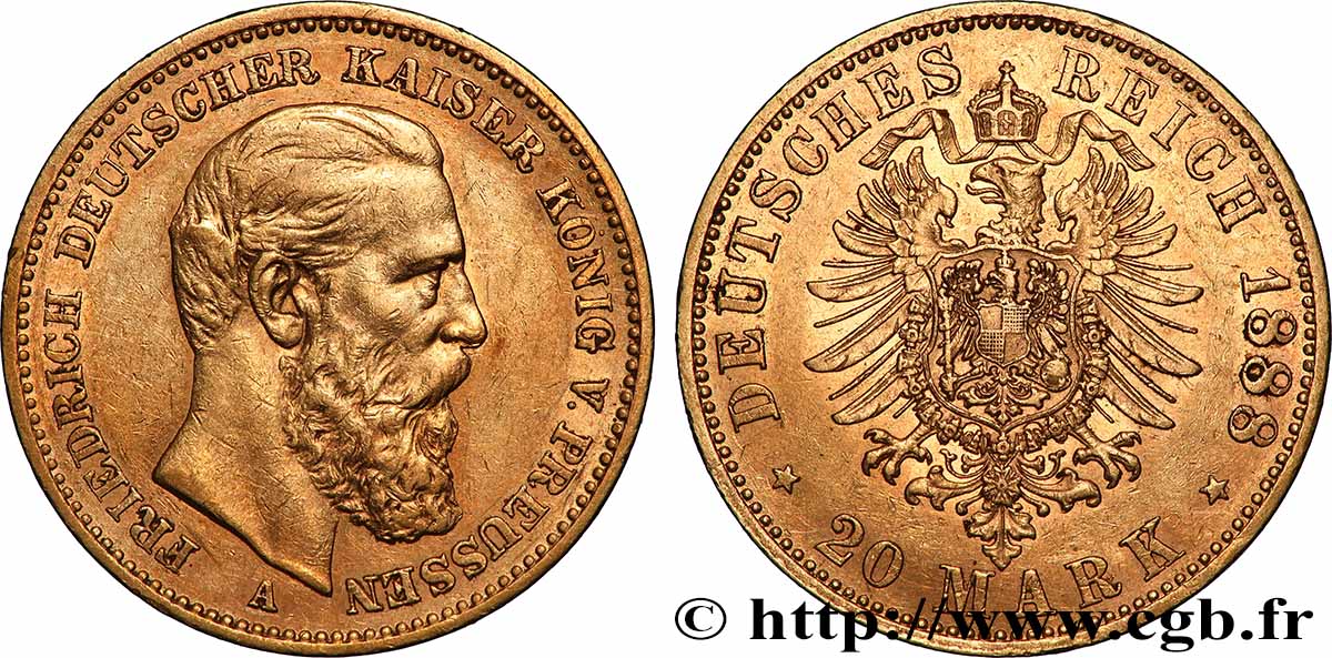 ALLEMAGNE - ROYAUME DE PRUSSE - FRÉDÉRIC III 20 Mark  1888 Berlin TTB+ 