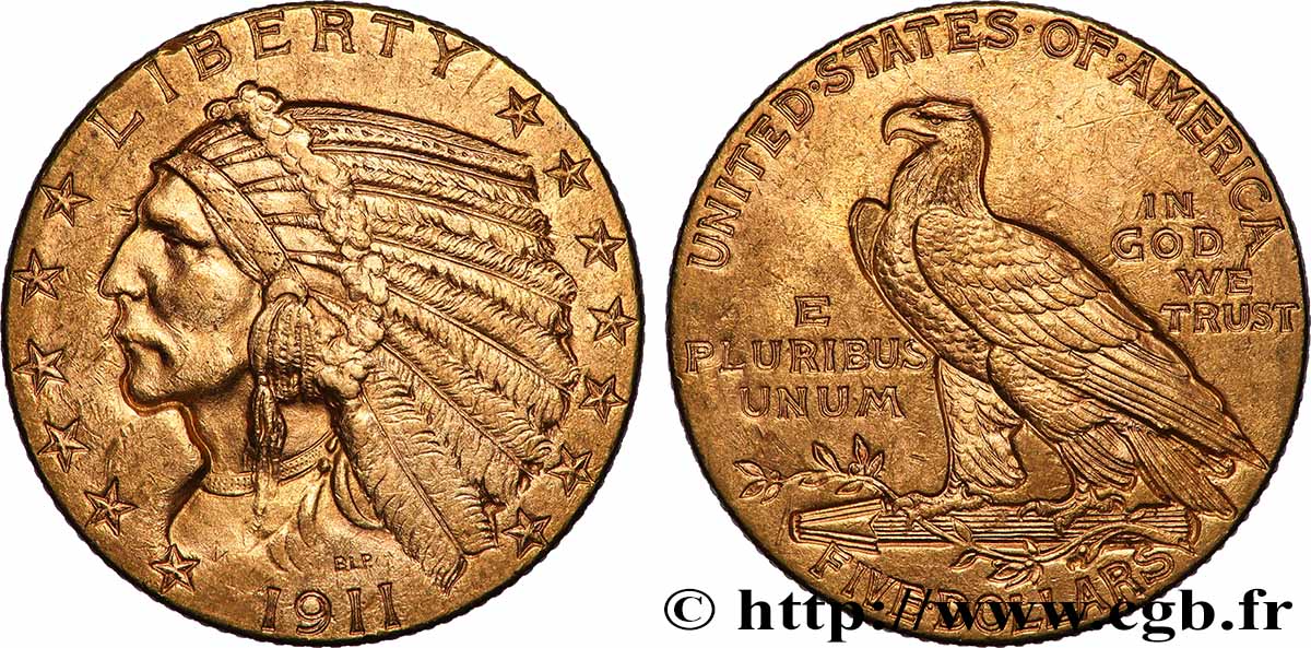 ÉTATS-UNIS D&nbsp;AMÉRIQUE 5 Dollars &nbsp;Indian Head&nbsp; 1911 Philadelphie TTB+ 