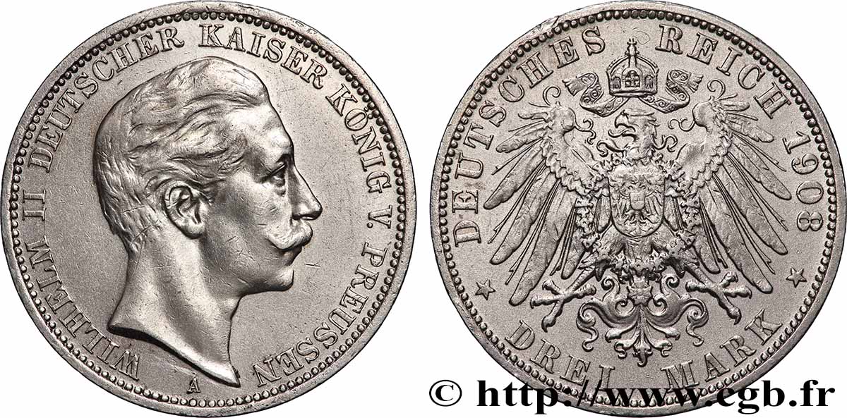 GERMANY - PRUSSIA 3 Mark Guillaume II 1908 Berlin AU 