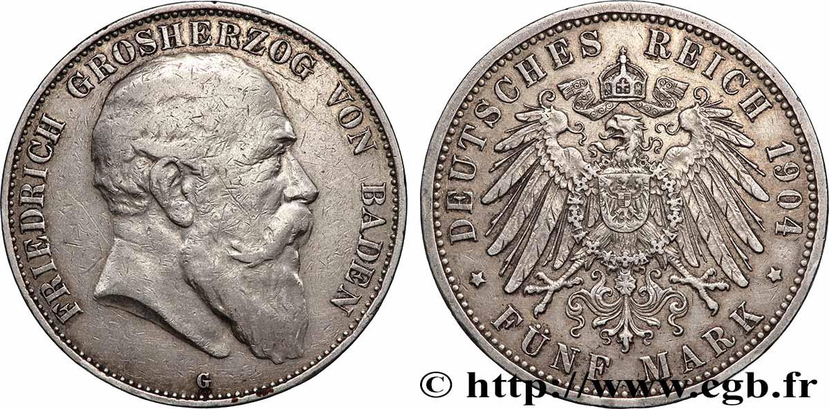 GERMANY - GRAND DUCHY OF BADEN - FREDERICK I 5 Mark  1904 Karlsruhe - G XF 