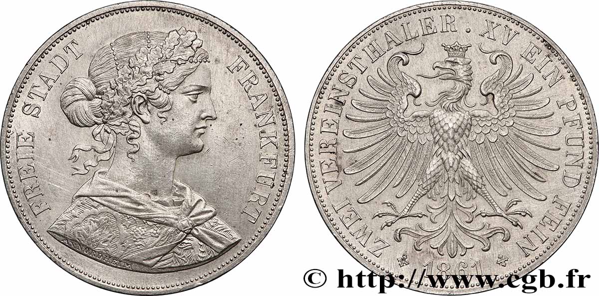 GERMANY - FREE CITY OF FRANKFURT 2 Thaler 1861 Francfort AU 