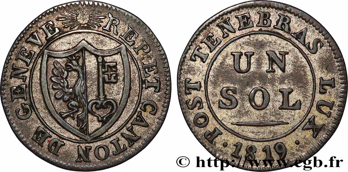 SUISSE - RÉPUBLIQUE DE GENÈVE 1 Sol 1819  TTB 
