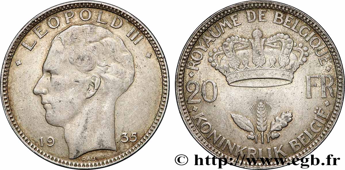 BELGIUM 20 Francs Léopold III tranche position B 1935 Bruxelles XF 