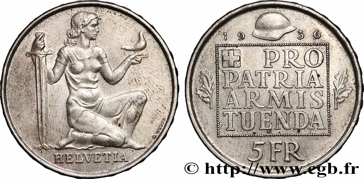 SUISSE 5 Francs fond pour l’armement 1936 Berne SUP 