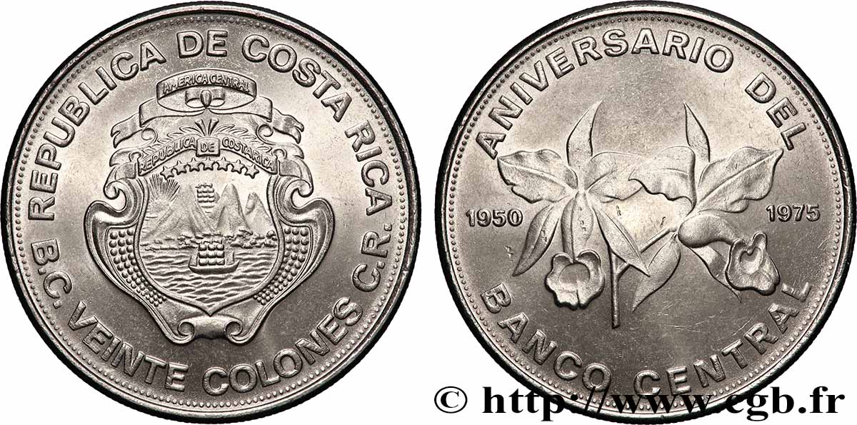COSTA RICA 20 Colones 25e anniversaire de la Banque Centrale 1975  SPL 