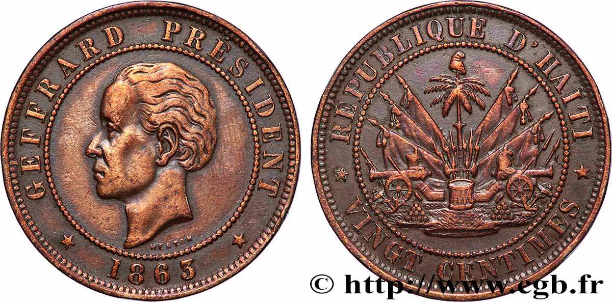 HAÏTI 20 Centimes président Geffrard 1863 Heaton TTB 