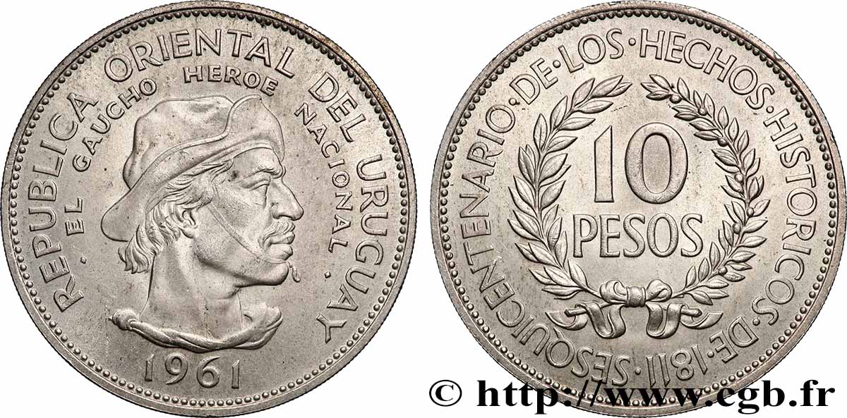 URUGUAY 10 Pesos Gaucho 1961 Londres VZ 