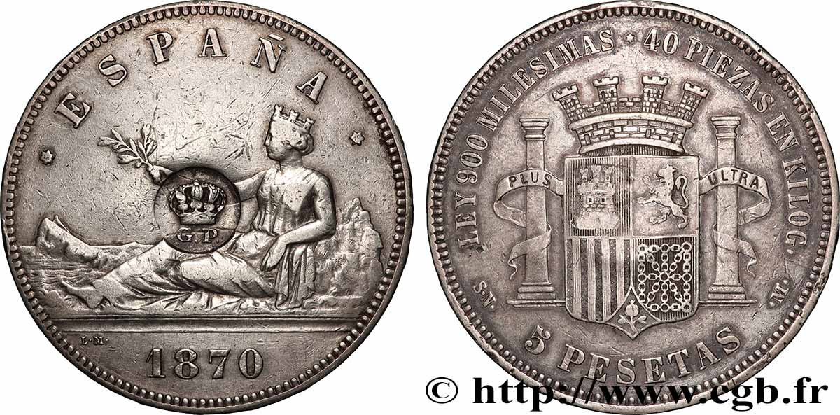 SPAIN 5 Pesetasn contremarque GP 1870 Madrid XF 