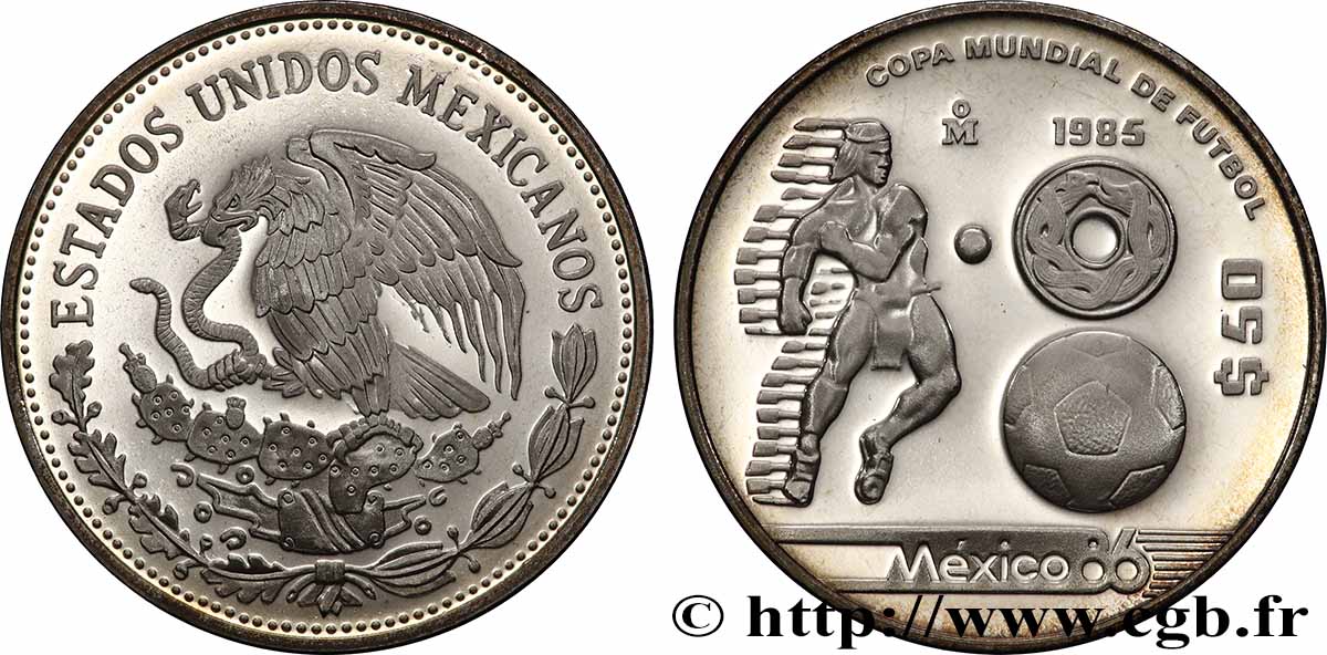MEXICO 50 Pesos Proof Coupe du Monde de football 1985  MS 