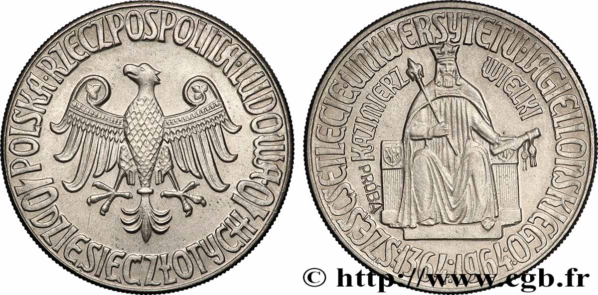 POLEN Essai (Proba) 10 Zlotych 600e anniversaire de la création de l’Université de Cracovie par Ladislas Jagiello 1964  VZ 