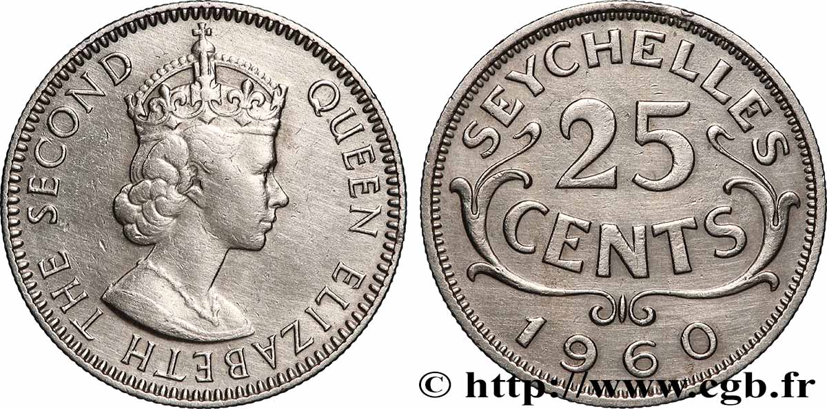 SEYCHELLES 25 Cents Élisabeth II 1960 Londres XF 